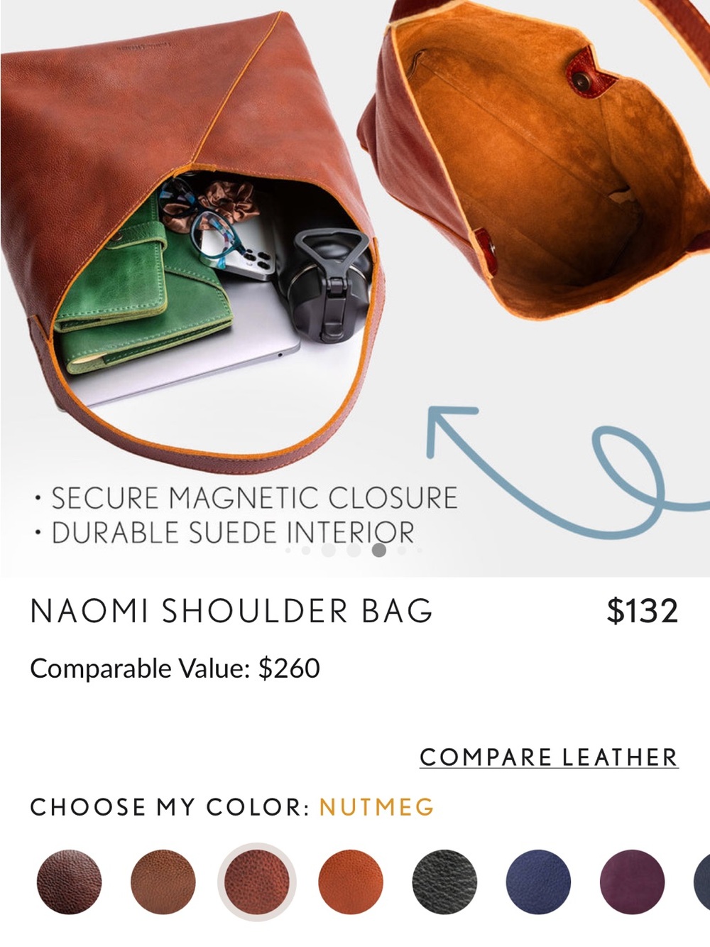 Portland Leather Cognac Pebbled Shoulder Bag - Picture 10 of 11
